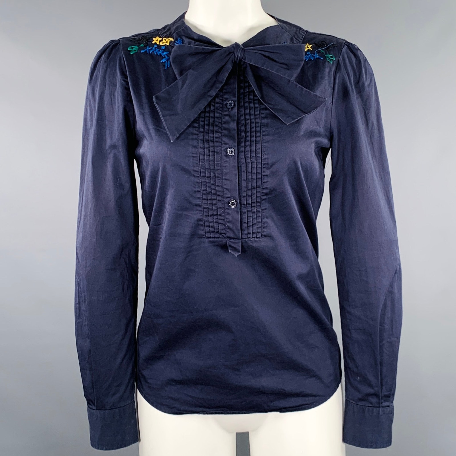 Love Moschino Size 4 Navy Multi Color Cotton Blend Embroidered Casual Top